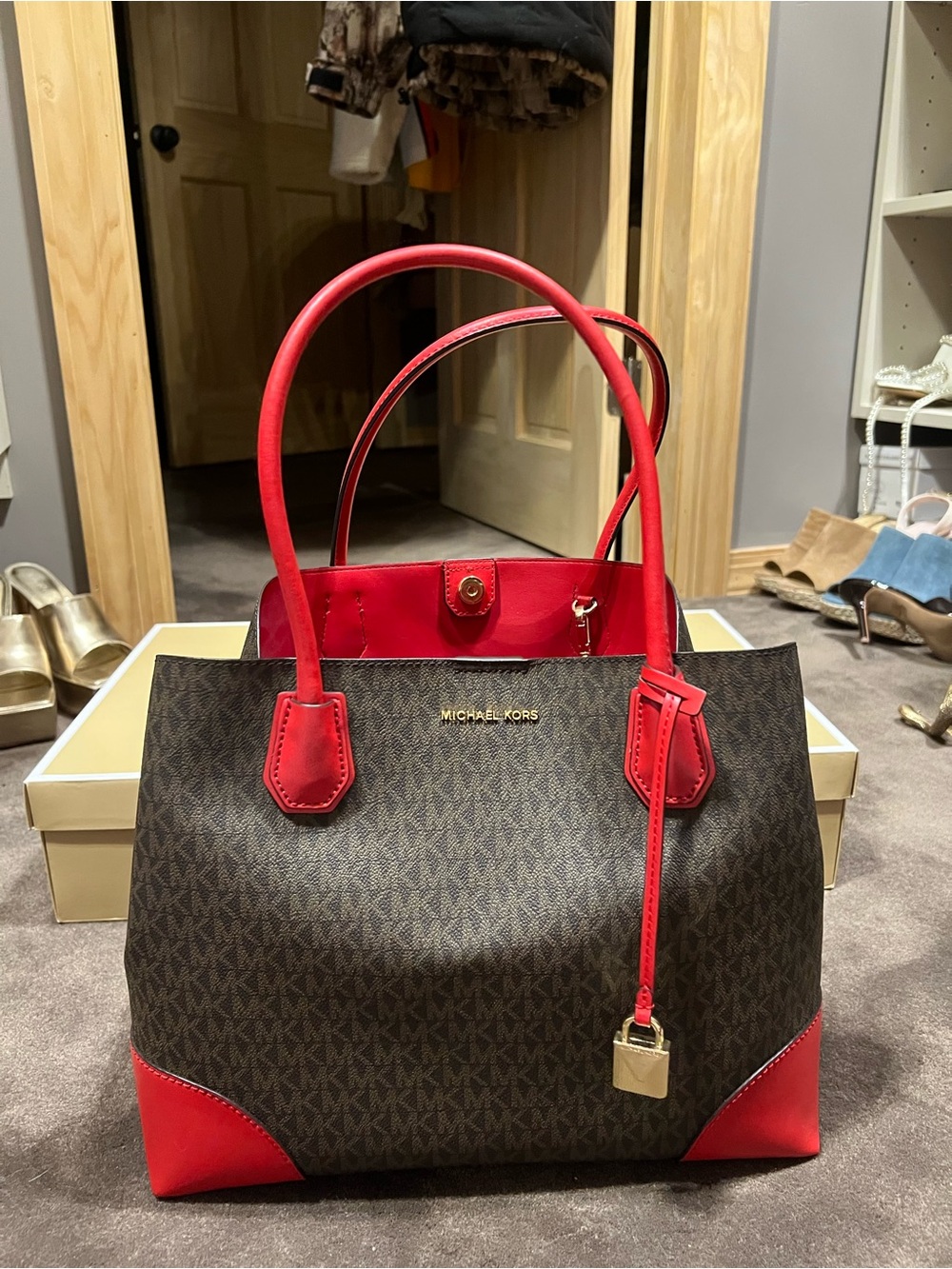 Michael Kors Brown Monogram Tote with Red Trim and Handles